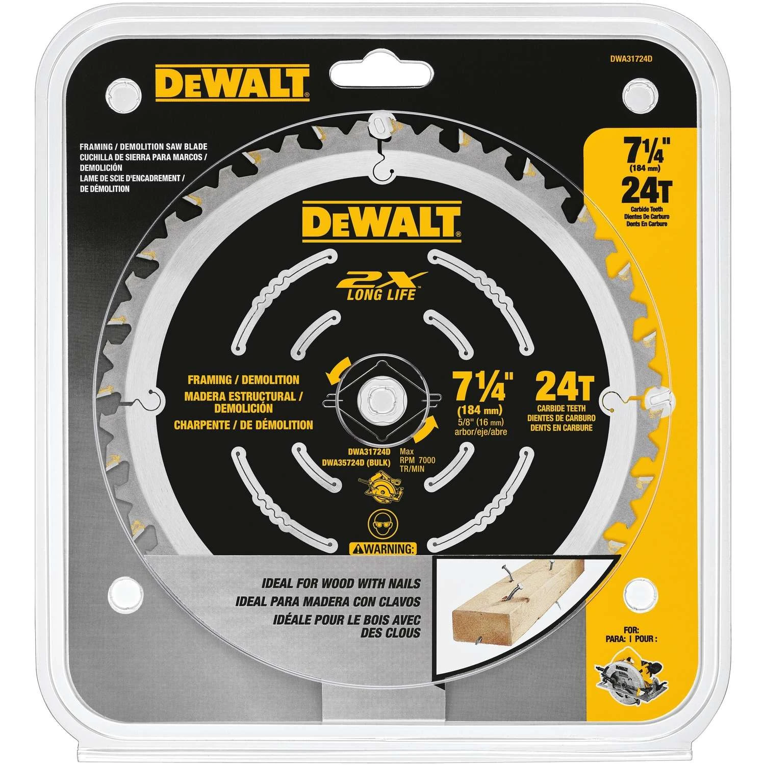 DeWalt 7-1/4 In. D X 5/8 In. Demolition Carbide Saw Blade 24 Teeth 1 Pk 1 DeWalt 7-1/4 In. D X 5/8 In. Demolition Carbide Saw Blade 24 Teeth 1 Pk