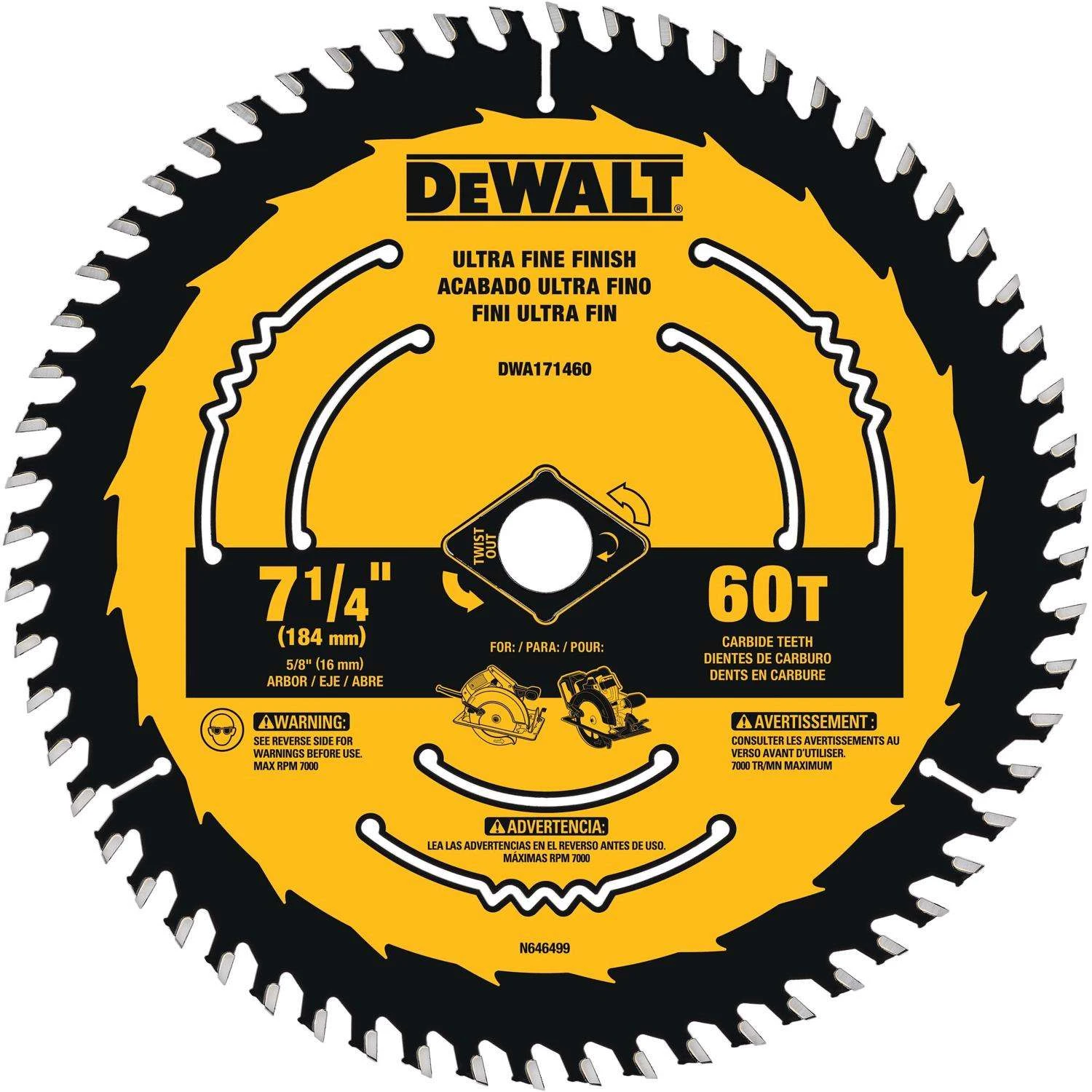 DeWalt 7-1/4 In. D X 5/8 In. Tungsten Carbide Circular Saw Blade 60 Teeth 1 Pk 1 DeWalt 7-1/4 In. D X 5/8 In. Tungsten Carbide Circular Saw Blade 60 Teeth 1 Pk