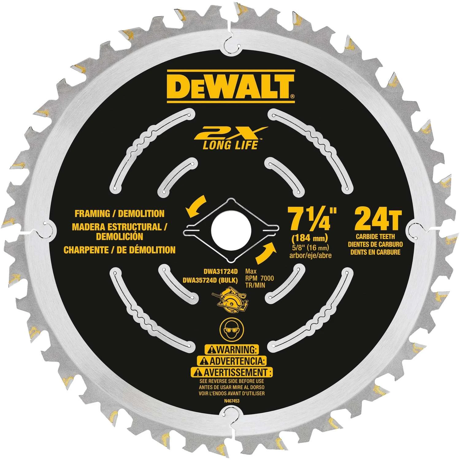 DeWalt 7-1/4 In. D X 5/8 In. Demolition Carbide Saw Blade 24 Teeth 1 Pk 2 DeWalt 7-1/4 In. D X 5/8 In. Demolition Carbide Saw Blade 24 Teeth 1 Pk - Image 2