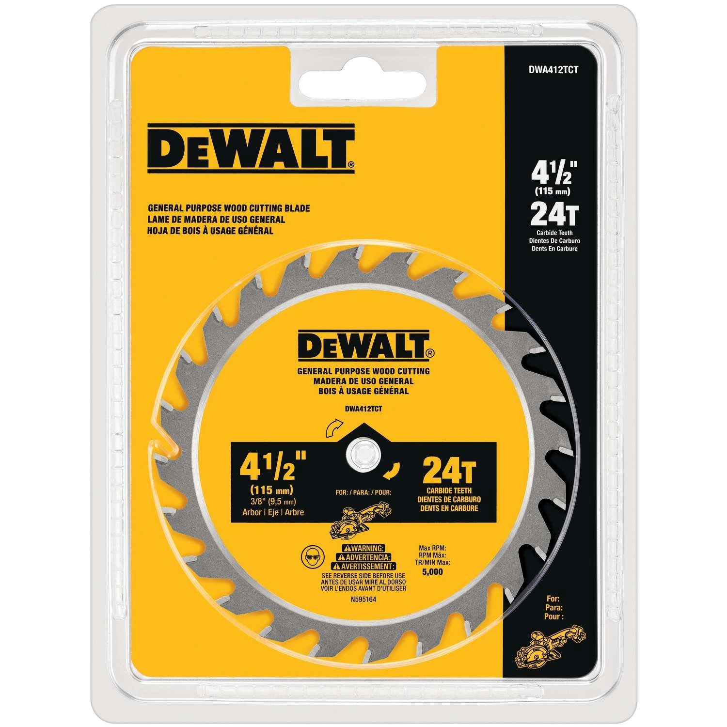 DeWalt 4-1/2 In. D X 3/8 In. Carbide Circular Saw Blade 24 Teeth 1 Pc 1 DeWalt 4-1/2 In. D X 3/8 In. Carbide Circular Saw Blade 24 Teeth 1 Pc